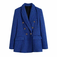 woman 2021 casual traf coats autumn winter thick tweed woolen jacket ornate buttons female plaid long blazers