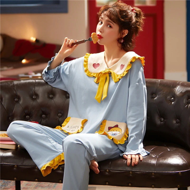 

New 2020 Autumn Winter Women Home Wear Lounge Clothes Long Sleeve Pajamas Sets Cotton Sleepwear Girls Homewear Housewear