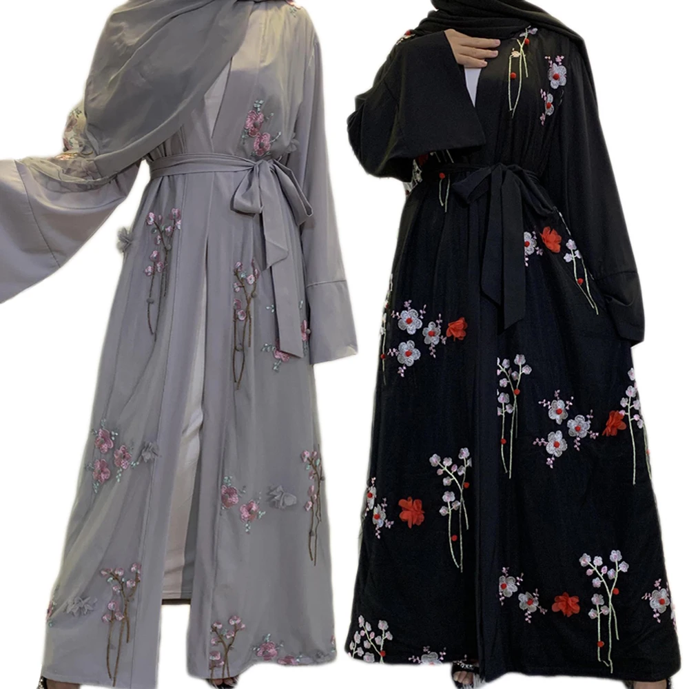 Мусульманских женщин 3D Цветочная вышивка абайя с открытым кимоно Jilbab длинное платье Исламская Кафтан Вечерние вечернее элегантное платье; ...