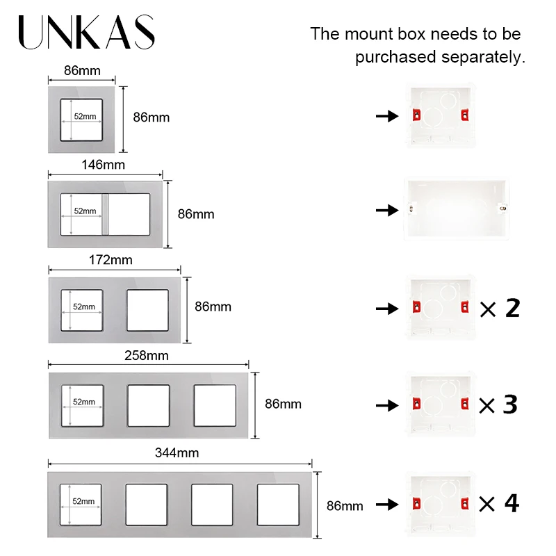 UNKAS Gray Glass Panel DIY Combination Free Matching French EU Socket Dual USB 1 2 3 4 Gang 1/2 Way On / Off Push Button Switch
