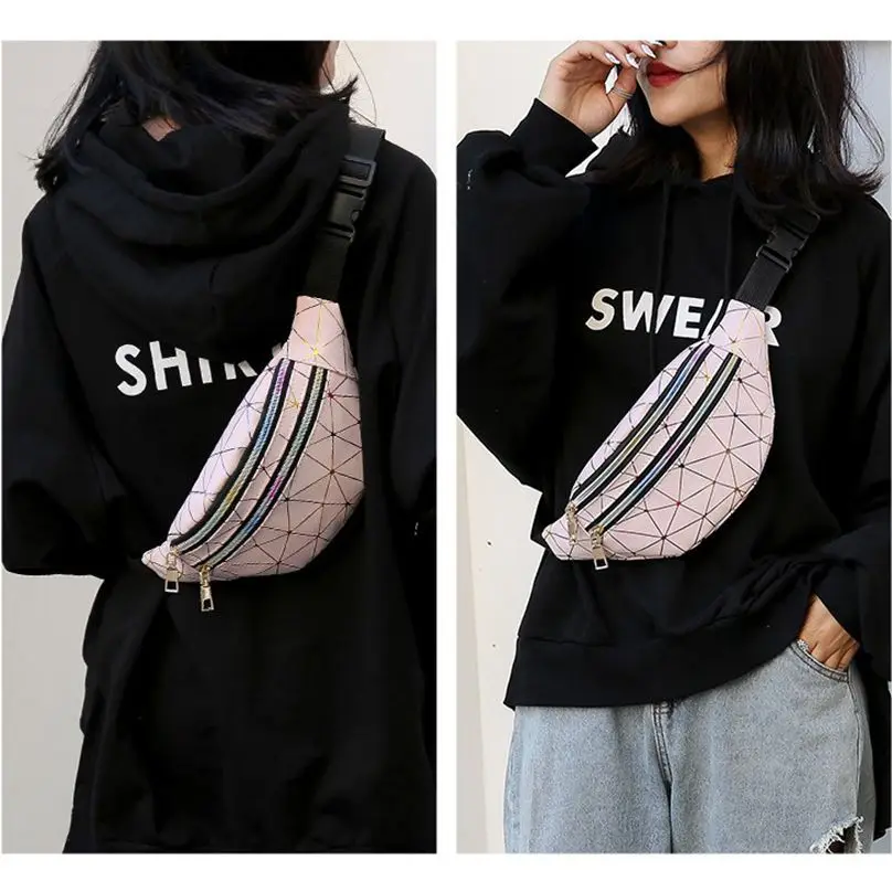 

Women's Fashion Holographic Waist Bags Female Fanny Pack Female Belt Bag Black Geometric Waist Packs Laser Chest Phone Pouch