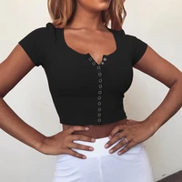 2021 new summer sexy cardigan crop top women casual solid color bodycon ladies short sleeve button knitted top