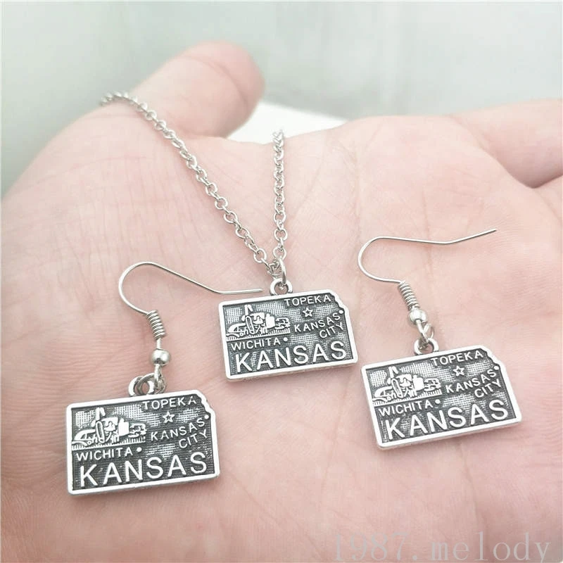 

New Arrive Kansas USA Map of America Mini Jewelry Set Creative Earring Necklace Sets,Antique,Vintage Fashion Women Girl Gifts