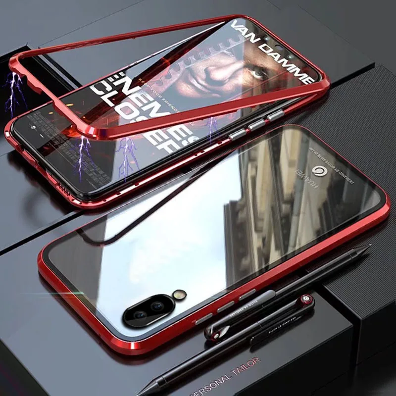 red Чехол YonLinTan Coque для Huawei Y6 Pro Prime Металлическая магнитная рамка жесткие чехлы из закаленного стекла для телефона - Цвет: red