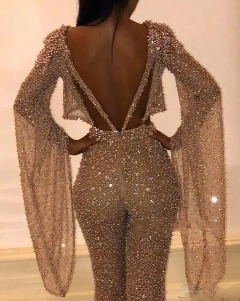 Сексуальный блестящий женский комбинезон с блестками вырезами на талии рукавами