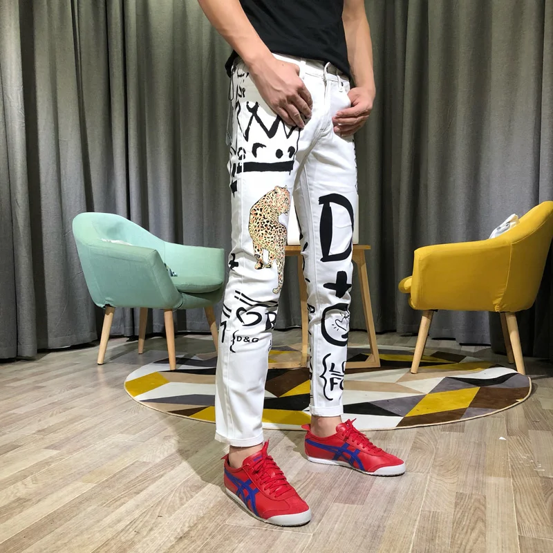 Джинсы мужские с леопардовым принтом узкие брюки из денима разноцветным