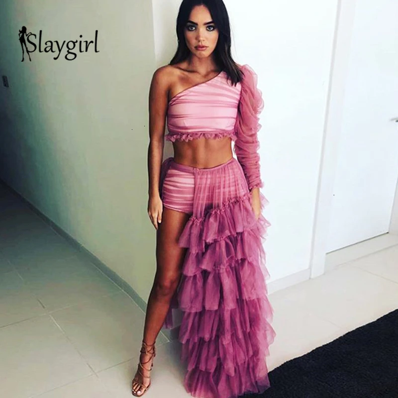Slaygirl, элегантный, с оборками, сетчатый, сексуальный комплект из 2 предметов, кружевной, на одно плечо, фиолетовый, Женский комплект, короткий топ и юбка, летний комплект из двух предметов