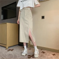 women summer vintage soild color pencil skirts pockets apricot high waist button long denim skirts female split straight skirt
