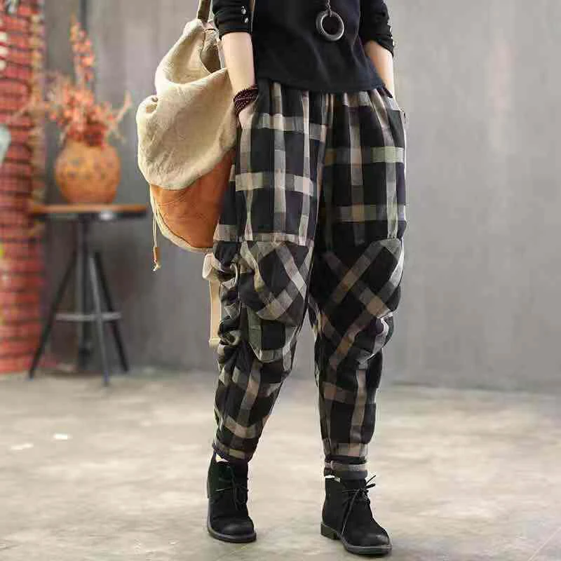 

Spring Summer Arts Style Women Elastic Waist Harem Pants Vintage Cotton Linen Plaid Pants Loose Female Trousers Plus Size D414