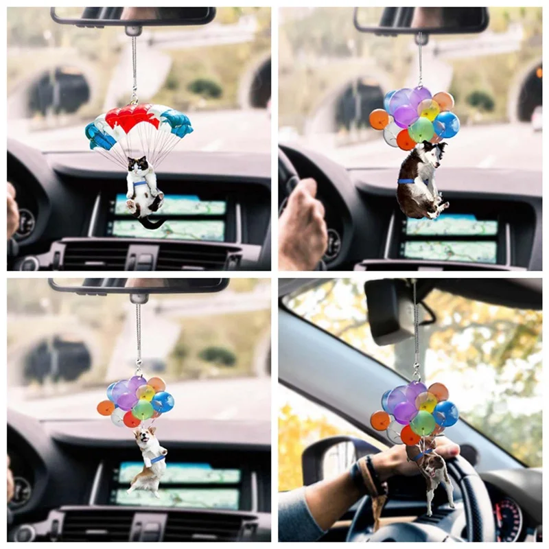 

Acrylic Cartoon Animal Cat/Dog Car Hanging Ornament with Colorful Balloon Hanging Ornament Decoration Keychain Pendants For Auto