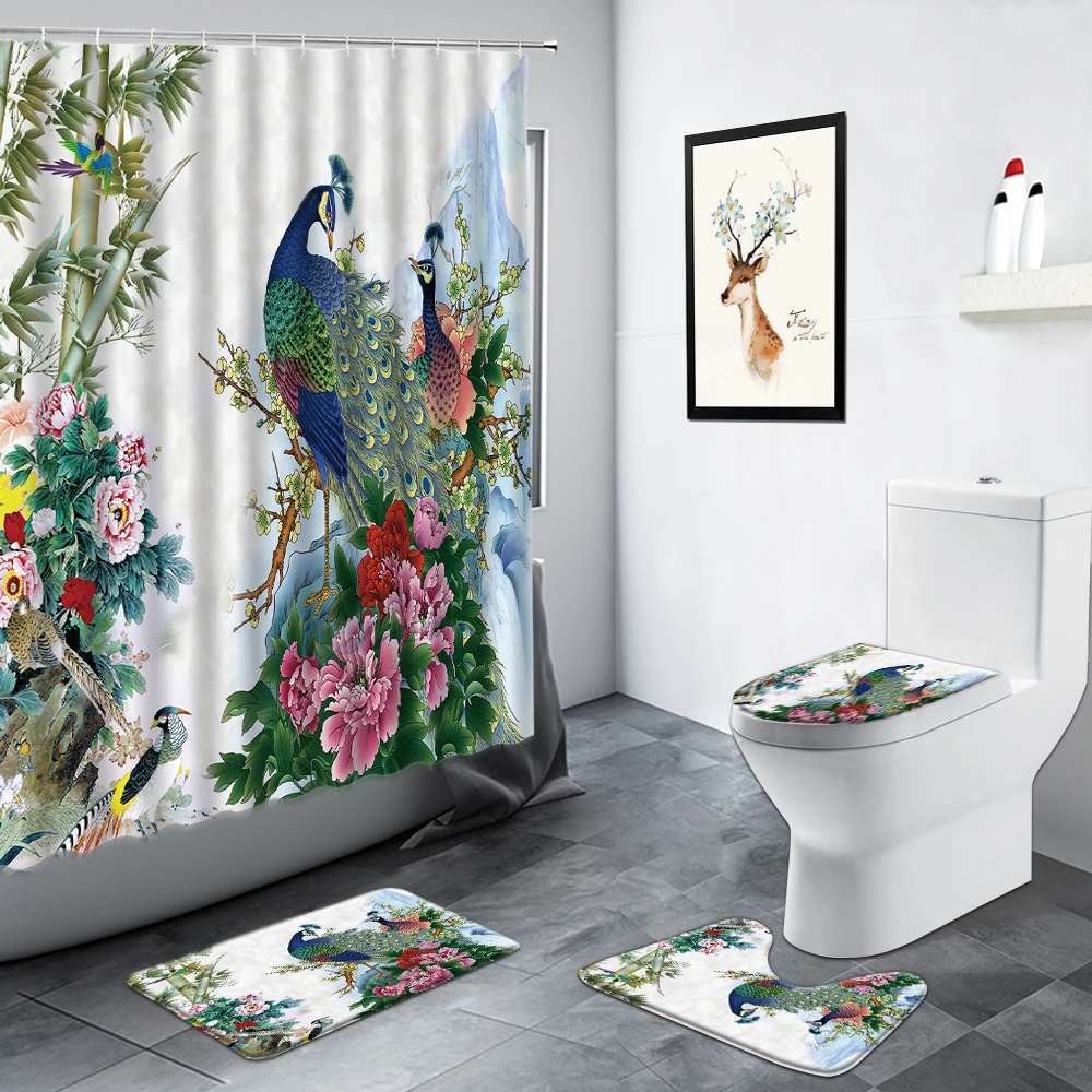 

Chinese Style Flowers Peacocks Shower Curtain Birds Green Bamboo Plant Scenery Bathroom Non-slip Rug Bath Toilet Mats Decor Sets