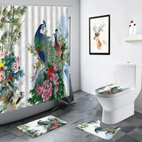 chinese style flowers peacocks shower curtain birds green bamboo plant scenery bathroom non slip rug bath toilet mats decor sets