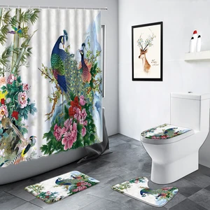 chinese style flowers peacocks shower curtain birds green bamboo plant scenery bathroom non slip rug bath toilet mats decor sets free global shipping