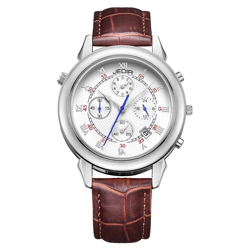 Мужские деловые часы JEDIR с отображением даты и кожаным ремешком кварцевые
