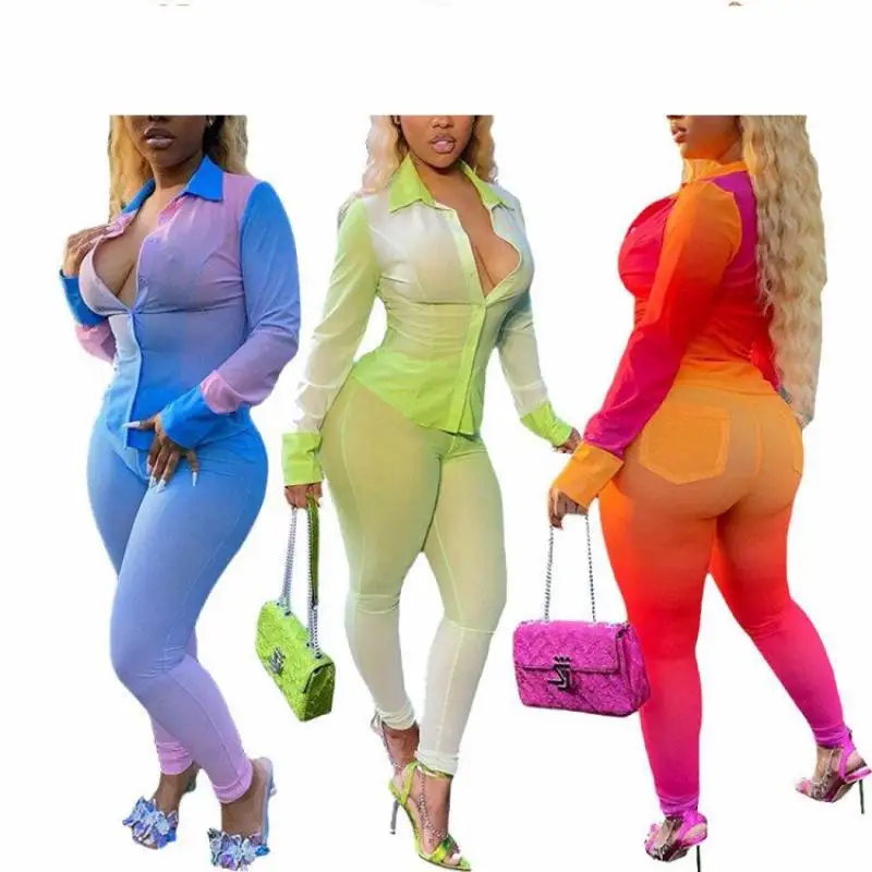 

New Woman 2 Piece Set Long Sleeve Tops+Pants Tie-Dye Color Sexy Women Bodycon Tracksuit Streetwear Outfit Female Casual Sets