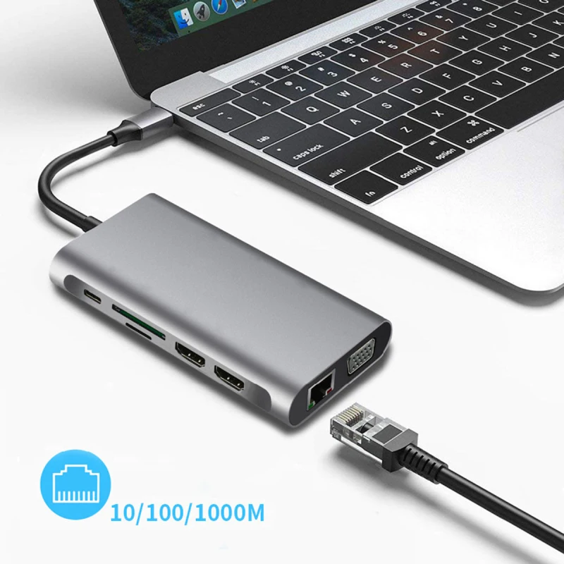 

12 In 1 Type-C Audio HUB USB3.0 USB-C VGA RJ45 3.5mm SD Converter TF Laptop Docking Station Power Adapter