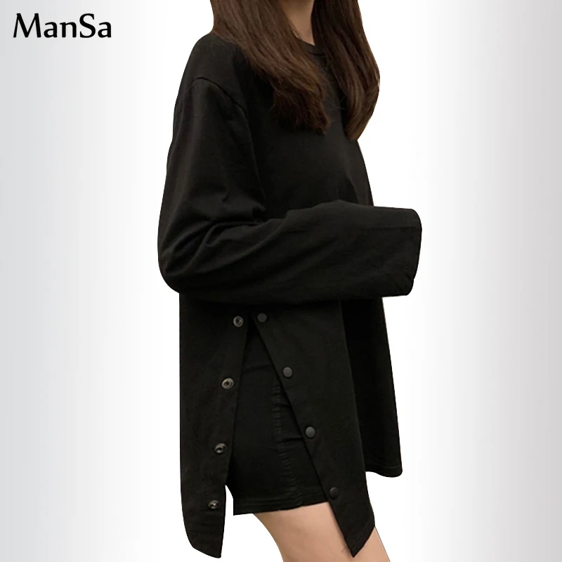 

2021 spring Long sleeve women's T-Shirts black white Tee Shirt Oversized Side split long T Shirt Women Casual O-neck top t-shirt
