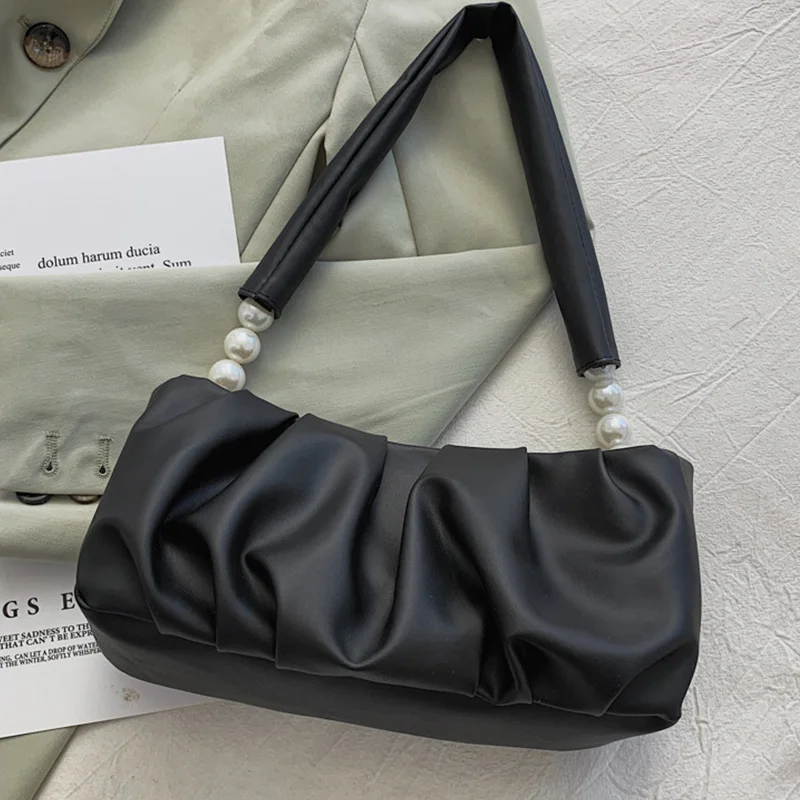 

Small Pleated PU Leather Shoulder Bags For Women 2021 Women's Designer Solid Color Pearl Handbag Female Travel Simple Armpit Bag