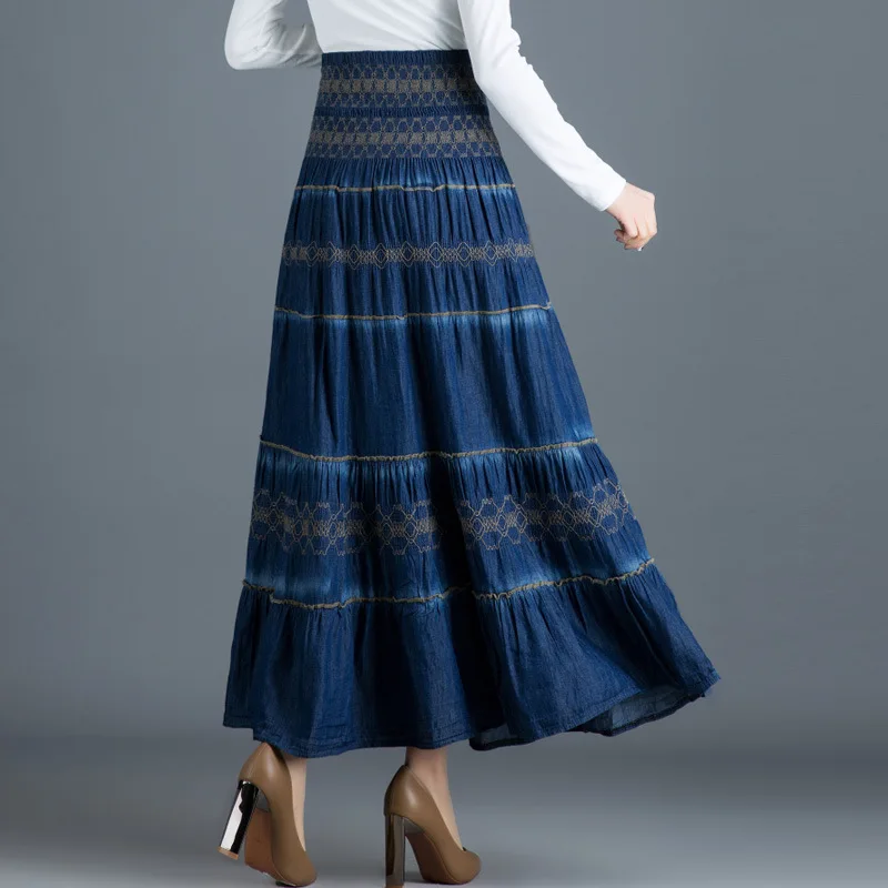 

Long New Denim Vintage Autumn Women Dark Blue Maxi Jean High Waist Pleated Casual Skirt Jupe Femme