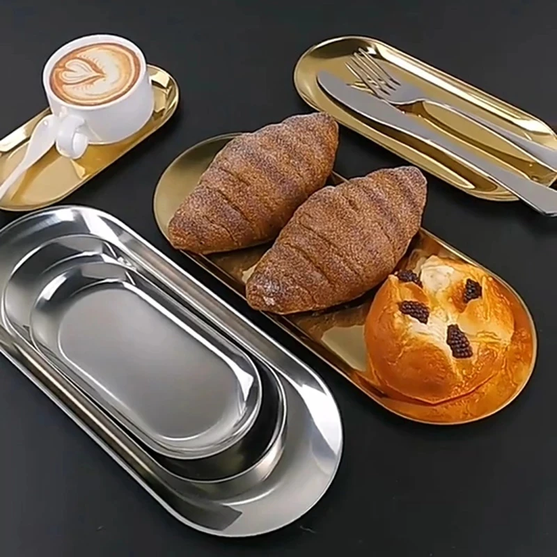 

Nordic Style Gold Silver Stainless Steel Dessert Dining Plate Nut Cake Fruit Plate Towel Tray Snack Western Steak Kitchen Plate