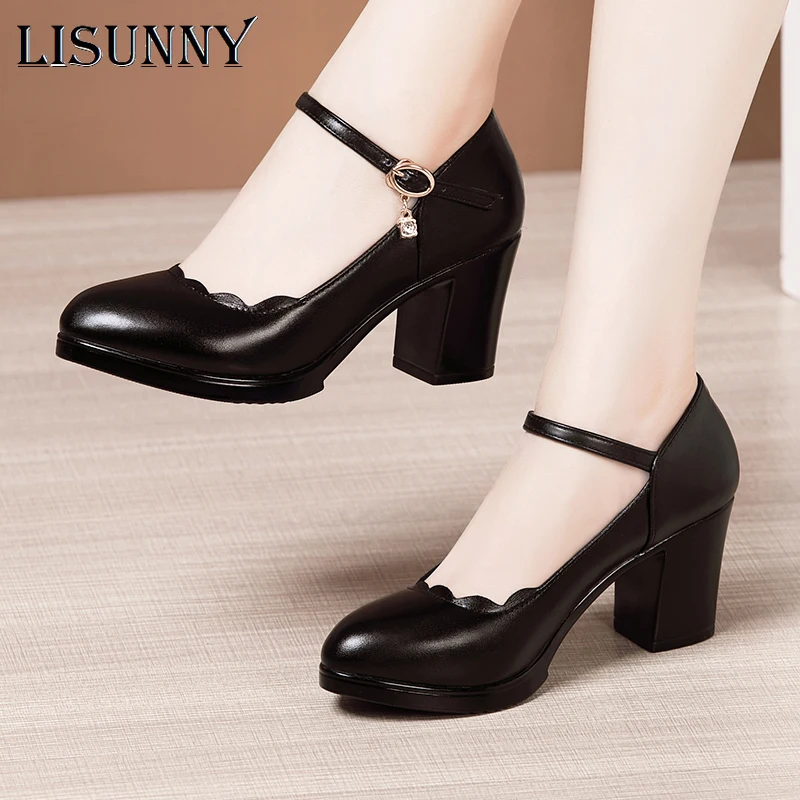 

LISUNNY 2021 Women Pumps Comfortable Leather High Heel Shoes Women Round Toe Casual Thick Heels Office Shoes Black White
