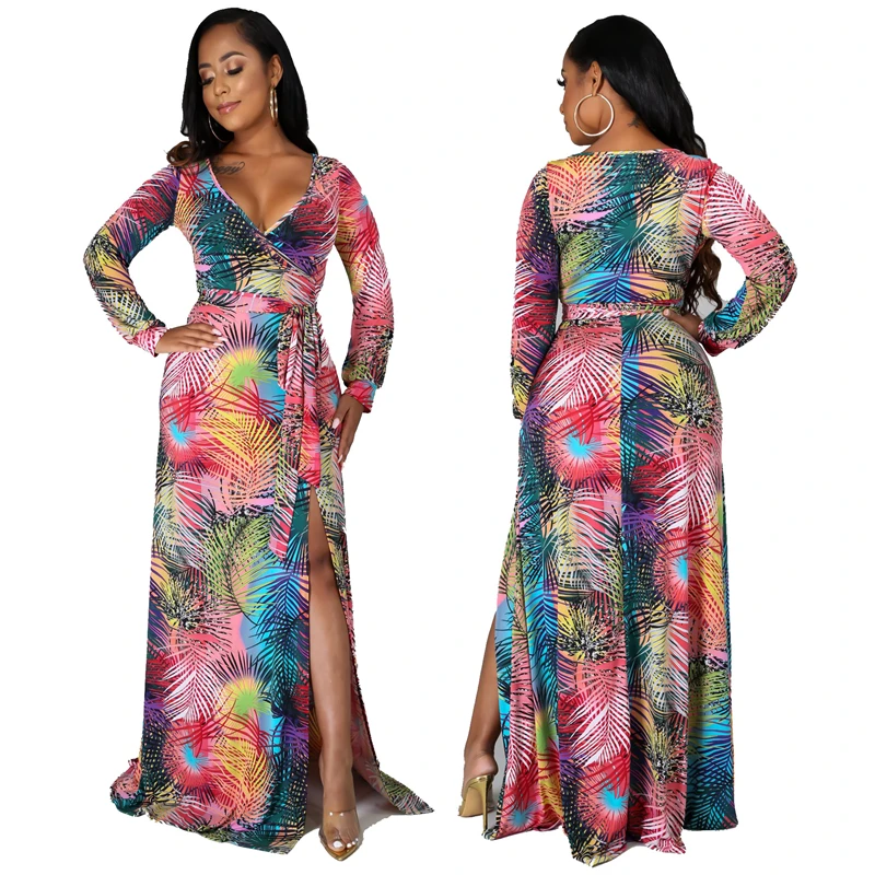 

African Print Ankara Dress 2021 Autumn Clothing High Split Chiffon Long Robes Africa Traditional Maxi Party Gown V Neck Vestidos