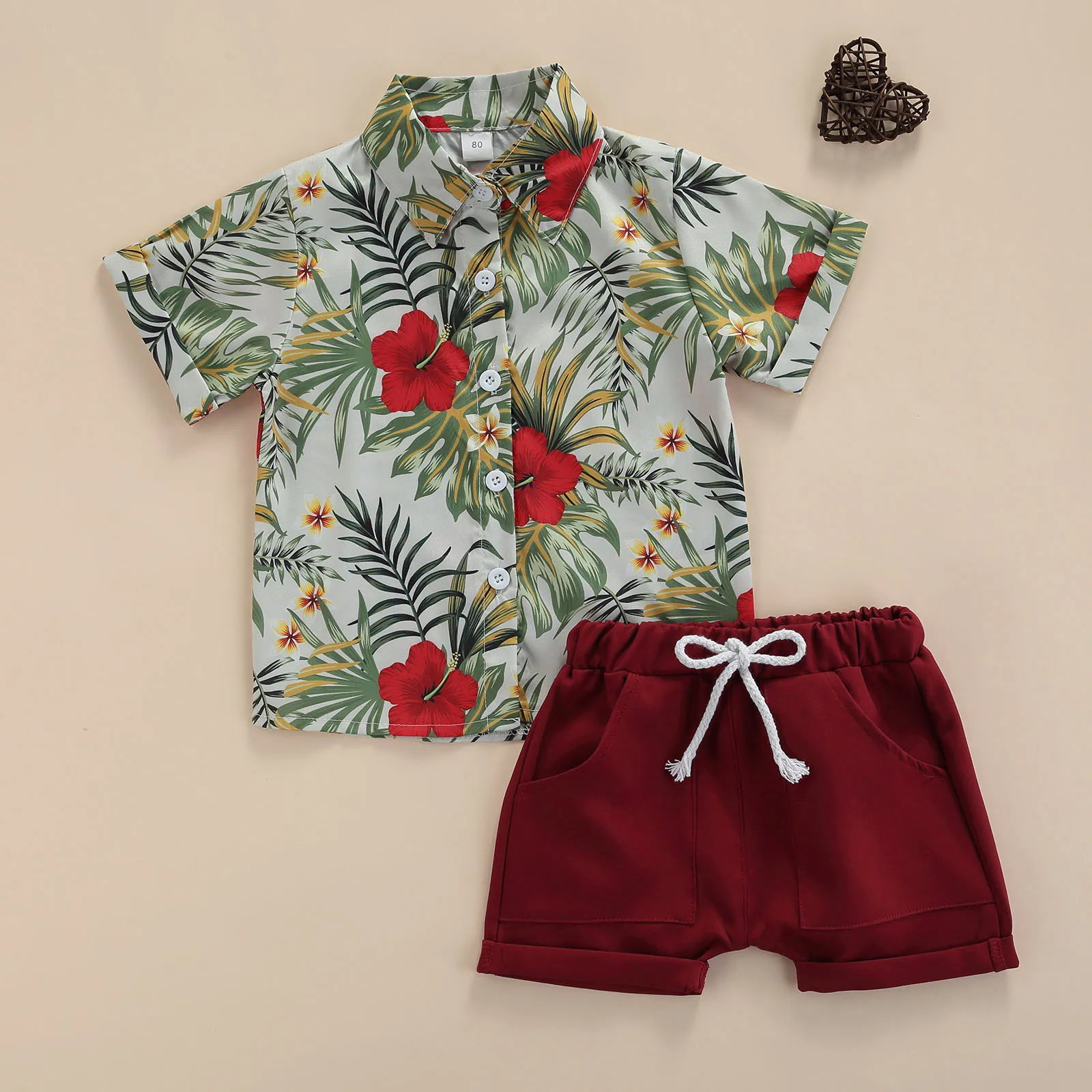 

Boy Tops Shorts Suit, Flower Print Lapel Neck Short Sleeve Buttons Shirt Lace Up Pockets Curly Edge Loose Pants