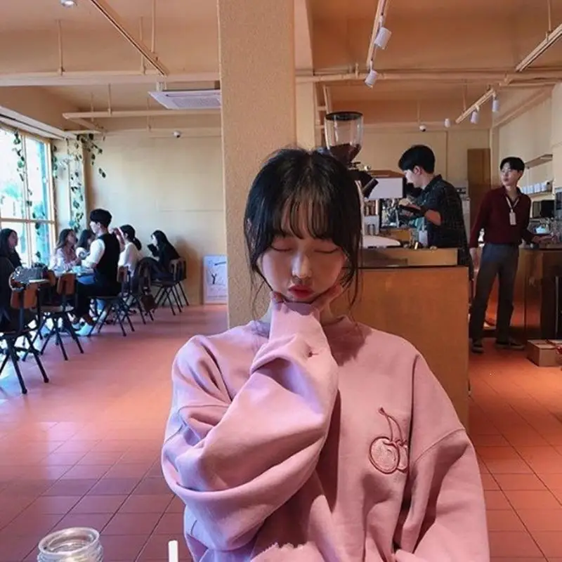 Толстовка с вышивкой вишни женская одежда теплые однотонные розовые топы