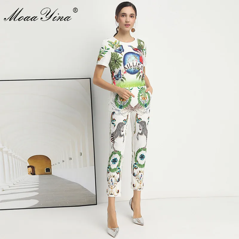 MoaaYina Fashion Designer Set Spring Summer Women Short sleeve Beaded Rainforest Print Tops+3/4 pants Vintage Two-piece set | Женская
