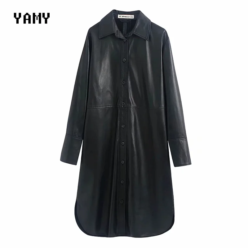 Искусственная кожа женская рубашка платье с длинным рукавом искусственная