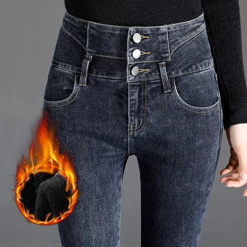 

Vintage Women Jeans High Waist Skinny Denim Trousers Winter Thicken Warm Casual Pencil Pants Stretch Hip Hugger Jeans Female