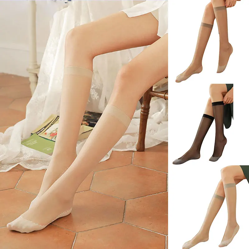 

Women's Nylon Socks Ultra-thin Sexy Stockings Simple Solid Color Transparent Over Knee Socks Crystal Silk Long High Sock