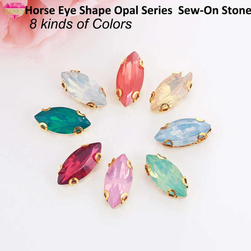 

RESEN Horse Eye Shape Sew On Stones With Gold Claw Resin Marquise Opal Pink/ Green/Peach/Blue/White Rhinestones For DIY Dresses