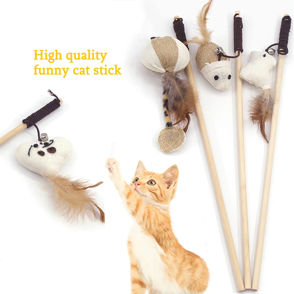 

Pet Cat Catcher Toy Wooden Pole With Bells Elastic Rod Funny Cat Mouse Pumpkin Head Feather Chick Fish