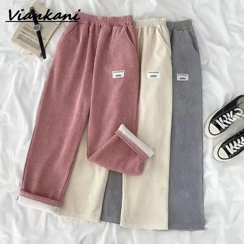 

Women Corduroy Pants Thick Velvet Vintage Letter High Waist Trousers Female Casual Loose Streetwear Ladies New 2021 Women Pants