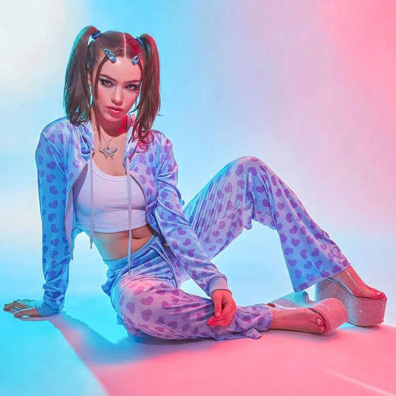 

2021 Autumn Winter Women Casual Velvet Pink Printed Tracksuit Hoodies Long Sleeve Sports Trouser 2 Two Piece Pant Set Female