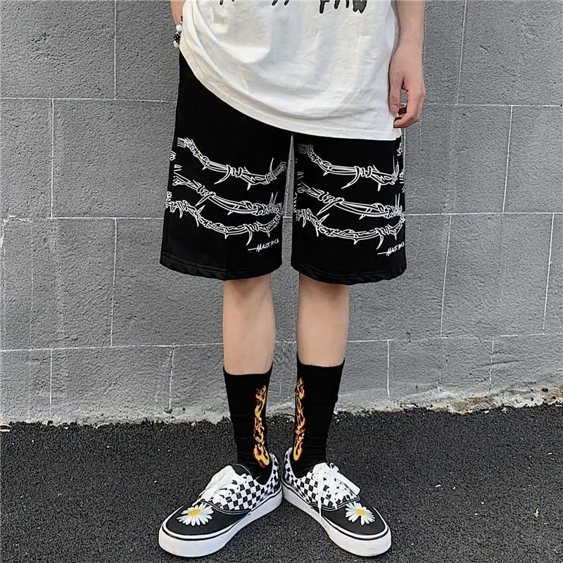 

Harajuku streetwear iron chain pattern jogger shorts women men Summer loose elastic waist Hip hop skateboard shorts