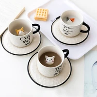 creative ceramics mug with spoon tray cute cat relief coffee milk tea handle porcelain cup couple water cup novelty gifts