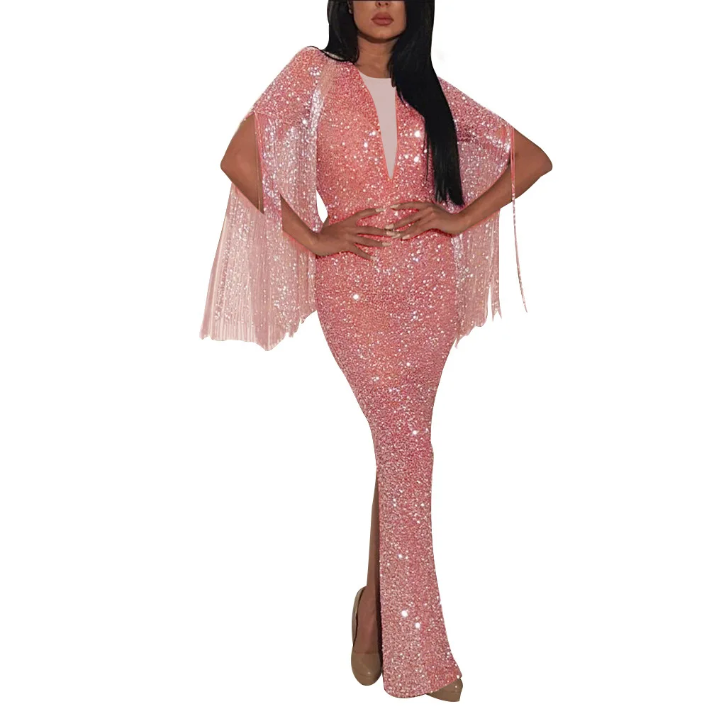 

Dresses Woman Party Night Sexy Deep V-neck Sequins Dinner Dress Stitching Long Tassel Sparkling Slit Dress