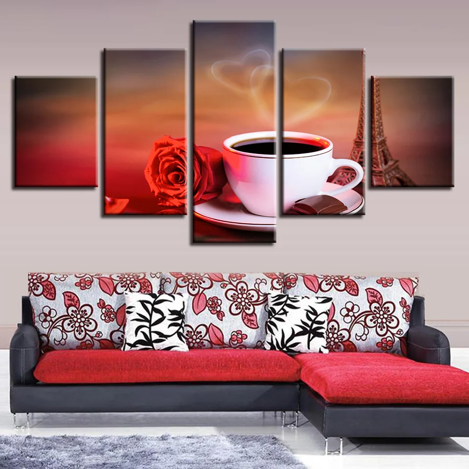 

5 Panel Flowers Coffee Canvas Wall Art Poster Home Decoration Modern Living Room HD Print Painting Modular Pictures Frame