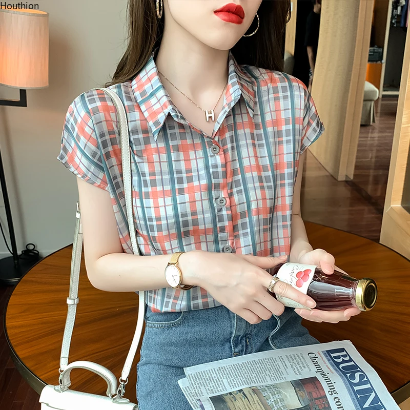 

Women's Blouses Fashion Tops Casual Shirts Lattice Blusas Loose Polo Collar Short Sleeve Korean New Summer