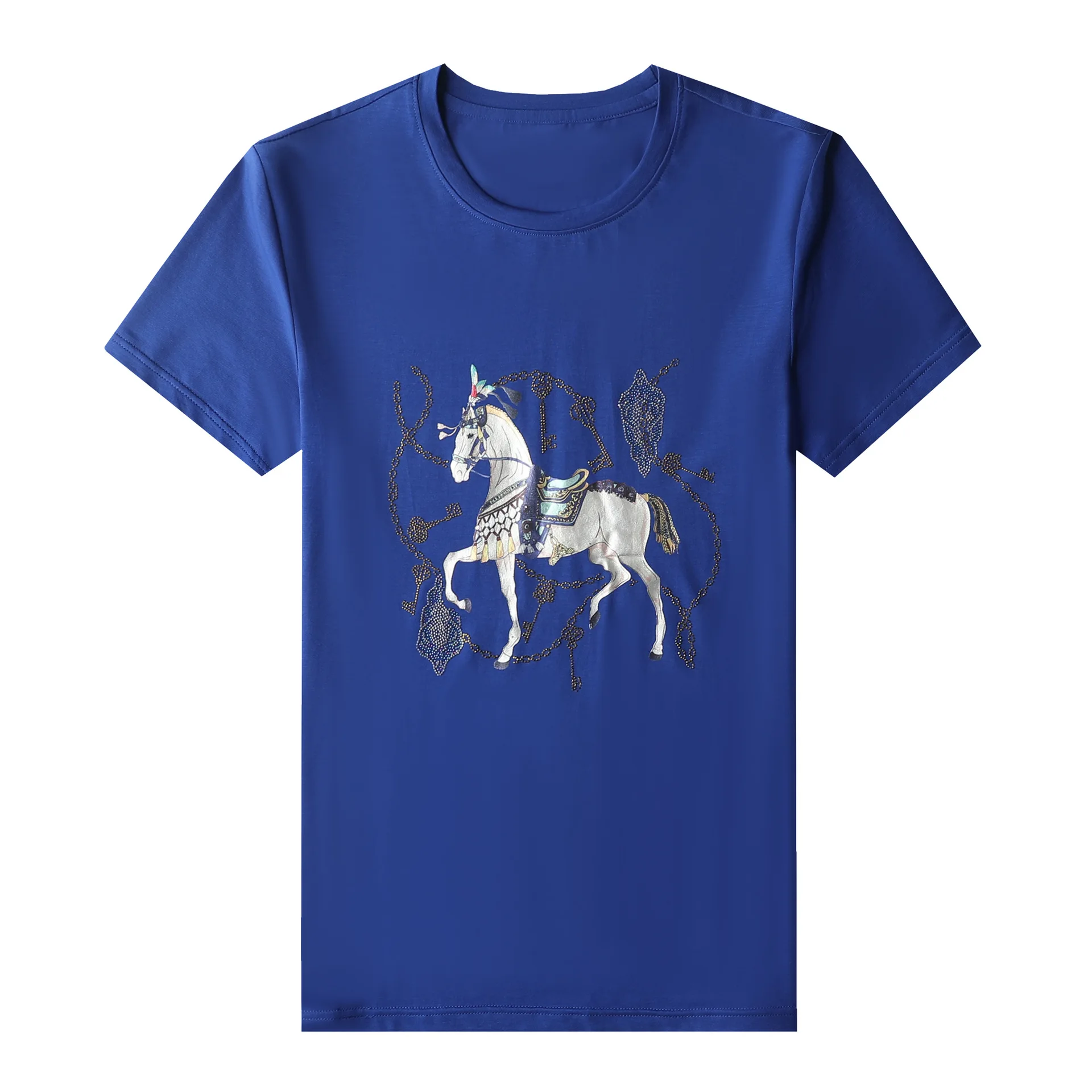 

2021 Horse Rhinestones Mens T Shirt Casual Summer Streetwear Short Sleeve O Neck Slim T-shirt for Man Camisetas Calavera Hombre