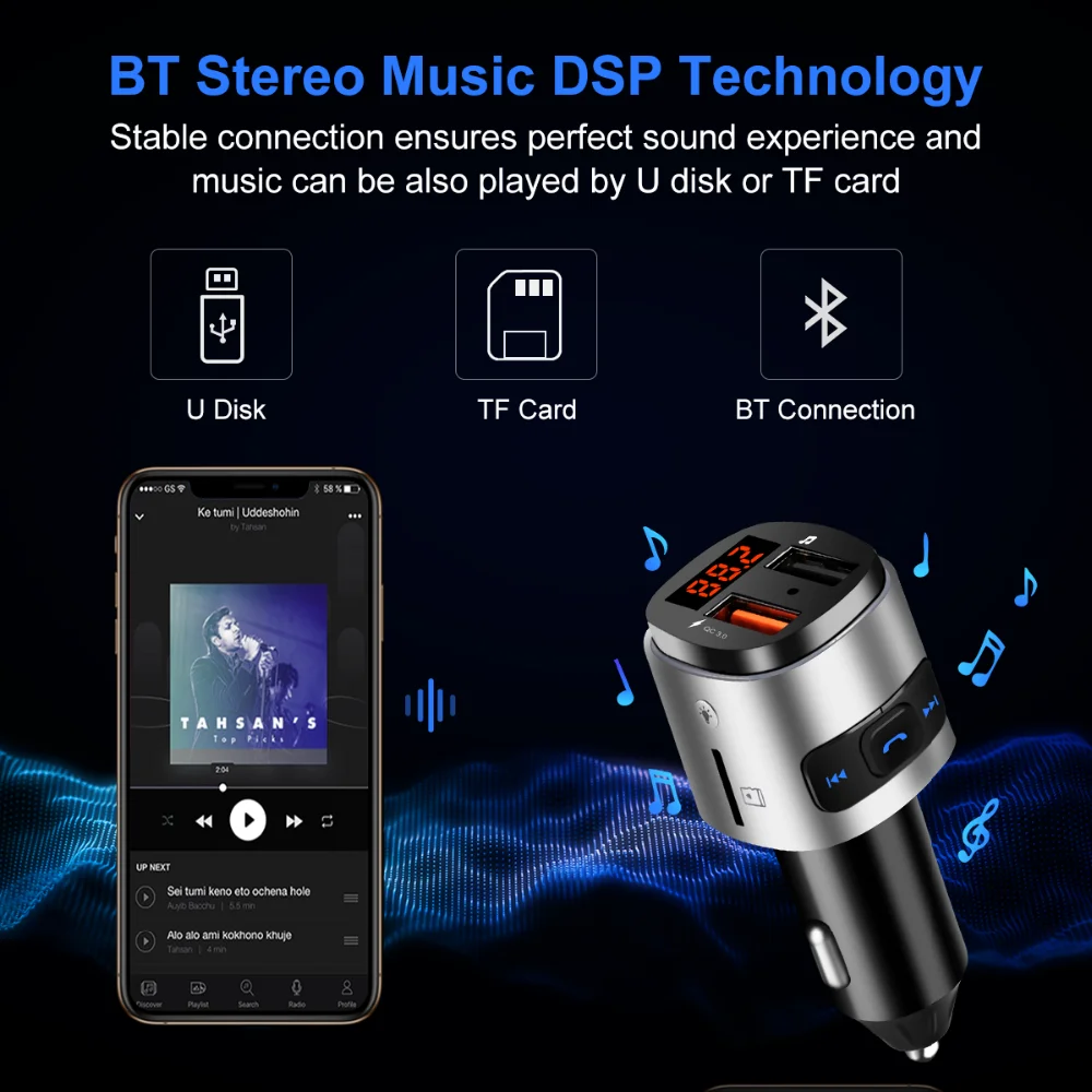 Беспроводной Bluetooth fm-передатчик Громкая связь вызов автомобильное зарядное устройство MP3 плеер для автомобиля два порта usb с быстрым зарядным устройством для смартфонов