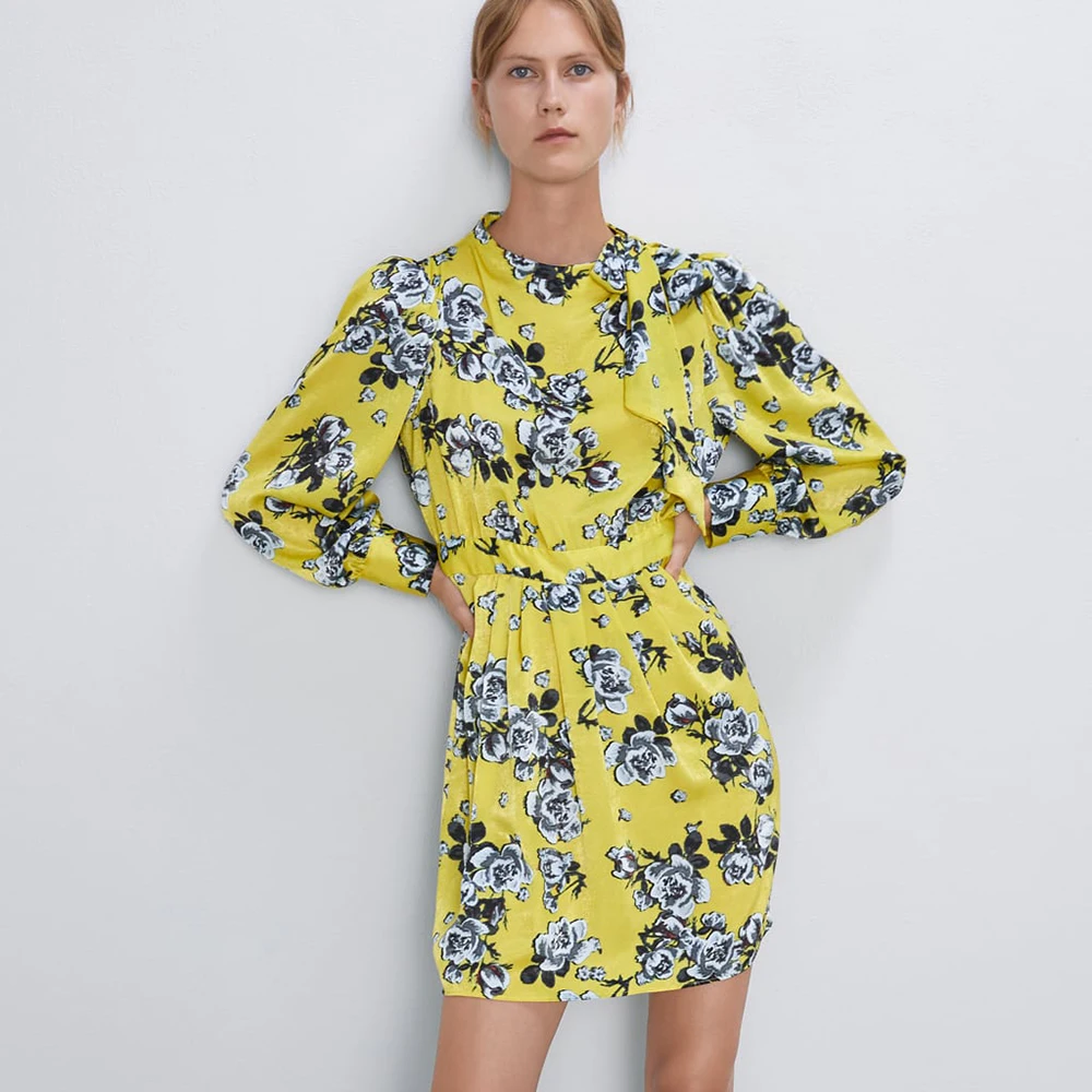 Женский костюм с юбкой ZA шерстяное двубортное пальто принтом и бантом желтый