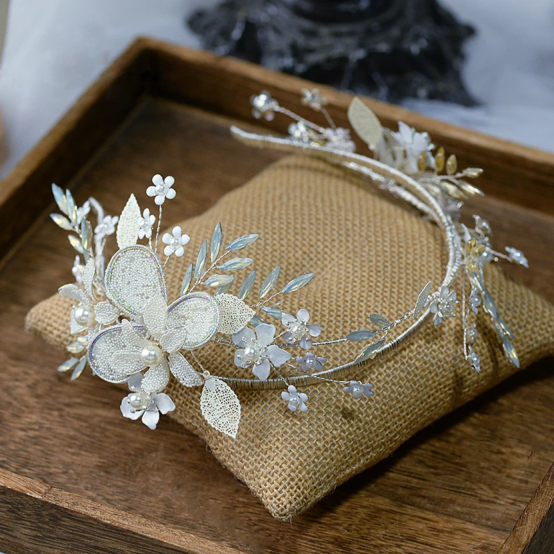 

Handmade Flower & Pearls Brides Leaves Soft Tiaras Headbands Bridal Hairbands Wedding Hair Accessory Prom Head Wear