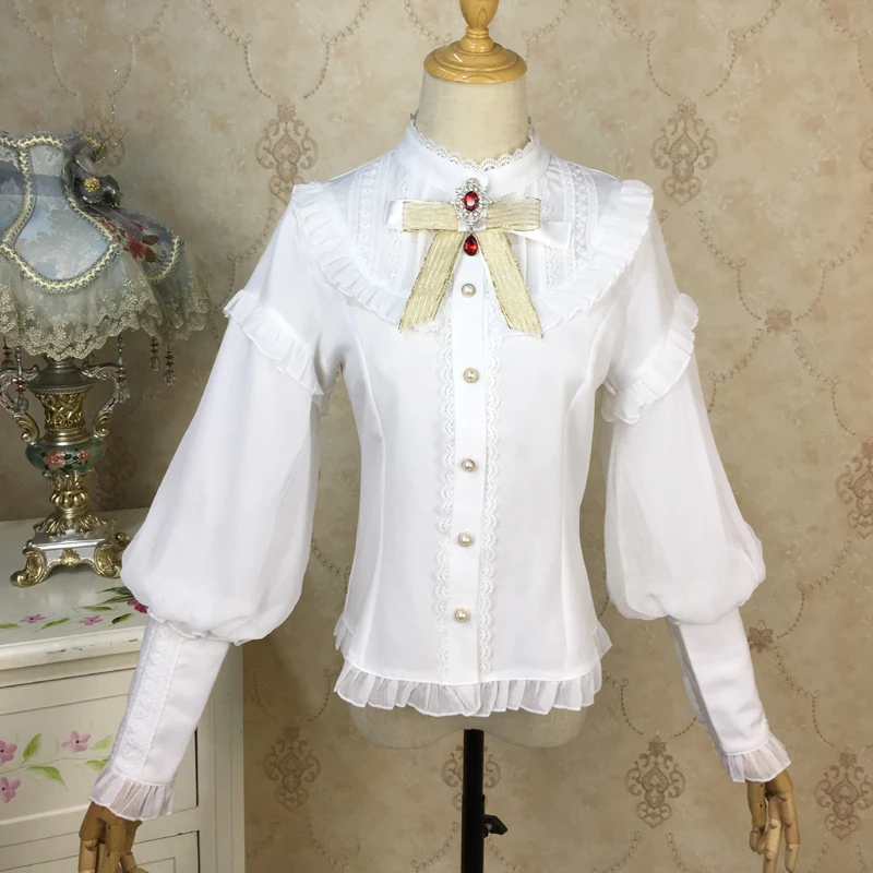 

Elegant Fashion Blouse Women 2021 Autumn Lolita Sweet Shirts Female Long Sleeve Chic Lace Slim White Vintage Ruffle Chiffon Tops