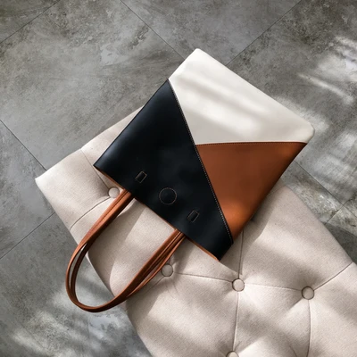 

Women Shoulder Bag Soft PU Leather TopHandle Bags fashion panelled Ladies Big Tote Women's Handbags Shopping Bag bolsa feminina