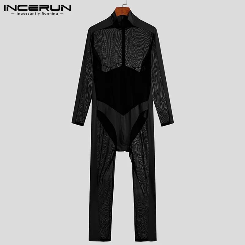 

Мужские комбинезоны пижамы сетчатая Лоскутная водолазка Домашняя одежда прозрачные пикантные мужские комбинезоны с длинным рукавом 2021 об...