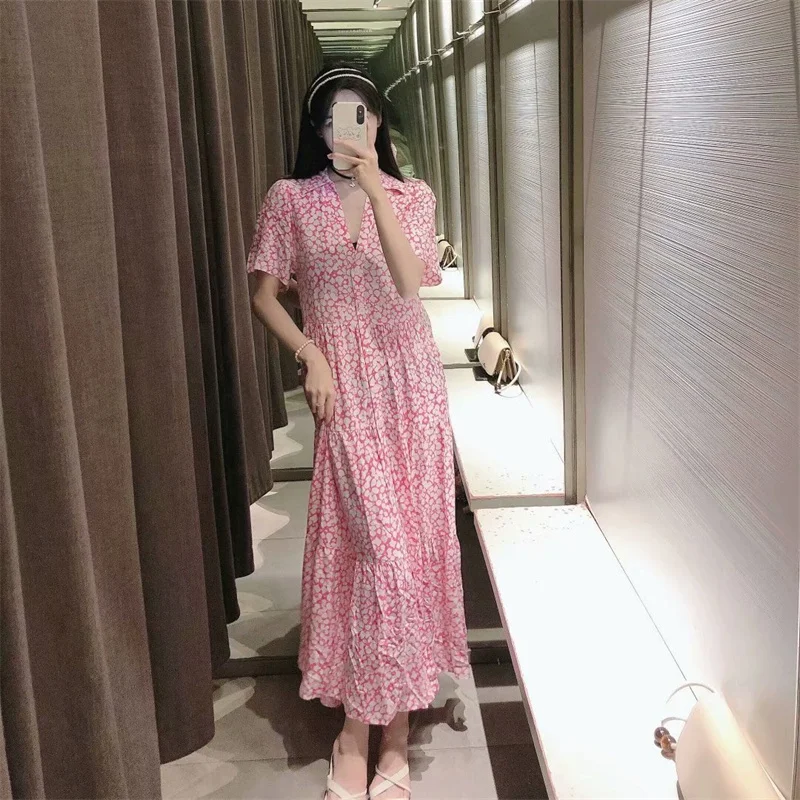 

2021 Za Printed Tiered Dresses Women Summer V-neck Lapel Short Sleeve Dress Casual Front Button Up Pleated Feminine Midi Dress