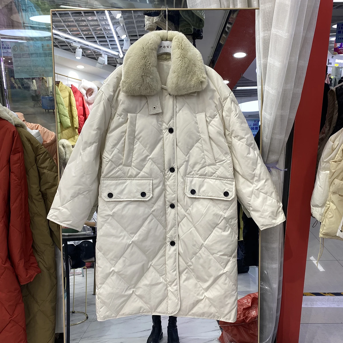 

FTLZZ Winter Large Real Fur Collar Light Feather Jacket Straight Loose Down Coat Stand Collar Warm Parker Fluffy Long Outwear